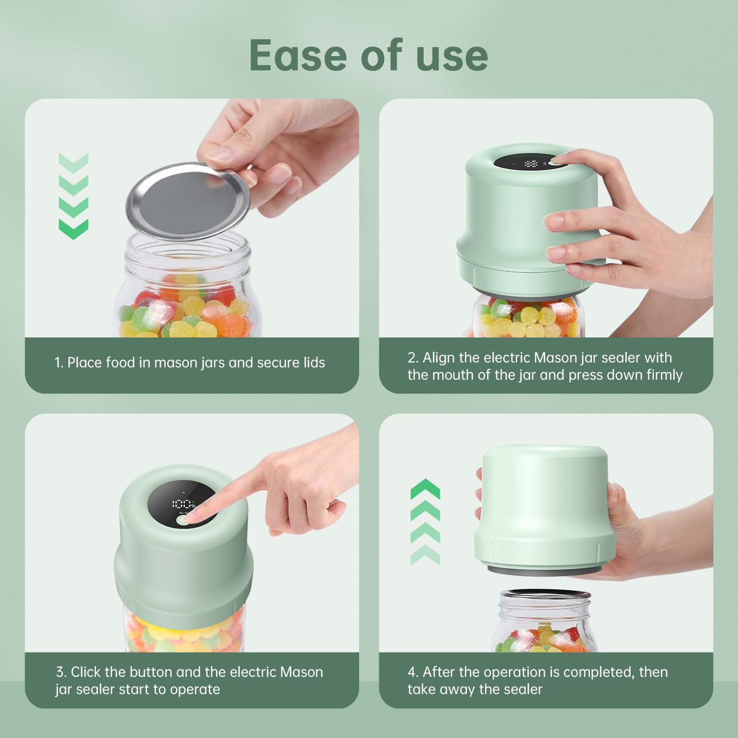 Moriko Mason Jar Vacuum Sealer - Electric Mason Jar Vacuum Sealer Kit with Regular and Wide Mouth Mason Jar Lids, Canning Vacuum Sealer for Food Storage (Black), Medium, Green Moriko Mason Jar Vacuum Sealer - Electric Mason Jar Vacuum Sealer Kit with Regular and Wide Mouth Mason Jar Lids, Canning Vacuum Sealer for Food Storage (Black), Medium, Green